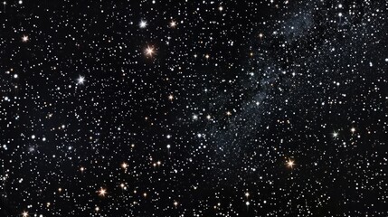 Deep black night sky filled with countless twinkling stars, showcasing various intensities and sizes of stars. Mysterious background. Concept of astronomy, cosmos, space exploration, stargazing.