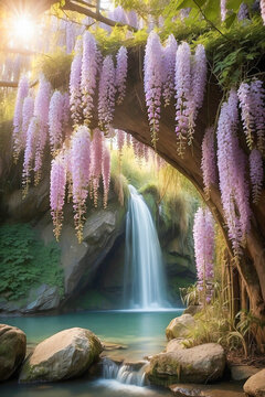 Waterfall in the park with glicinia flowers