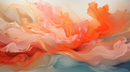 Abstract swirls of peach and pink in a fluid art style. Concept of fluid art, soft fabric folds, coral and peach fluidity, delicate wave texture.