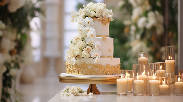 Three-tiered white wedding cake decorated with flowers from mastic on a white wooden table. Picture for a menu or a confectionery catalog with copy space.