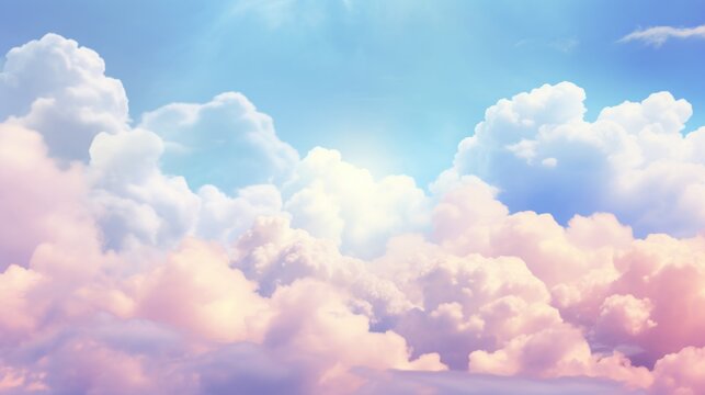 Serene sky with fluffy clouds in pastel colors. Beautiful sky. Copy Space. Concept of calming backgrounds, nature, minimalist design, sunrise, dreamscapes