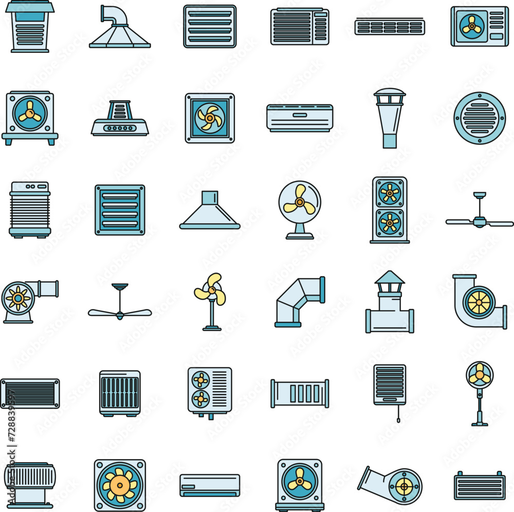 Sticker ventilation air condition icons set. outline set of ventilation air condition vector icons thin line