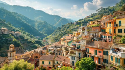 Fototapeta premium a scenic view of a town with mountains in the background and a river running through the middle of the town in the middle of the middle of the middle of the picture.