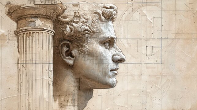 Greek statue depicted in profile against an ancient wall construction featuring classical columns.