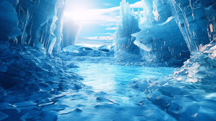 beautiful ice cave with a clear, transparent blue iceberg on a sunny day. Fantastic, colorful background.