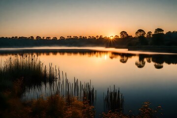 Obraz premium A tranquil lake at sunrise, with the first light of day painting the sky in warm and gentle tone