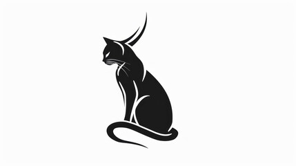  a black and white silhouette of a cat on a white background, with a long tail, sitting down, looking to the side, with its head turned to the side. - obrazy, fototapety, plakaty