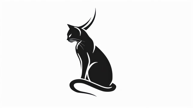 a black and white silhouette of a cat on a white background, with a long tail, sitting down, looking to the side, with its head turned to the side.