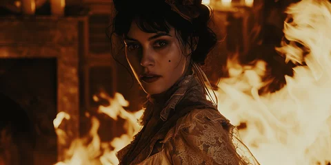  a beautiful but evil female vampire stares into the soul of the viewer as the room burns around her © meta-frames