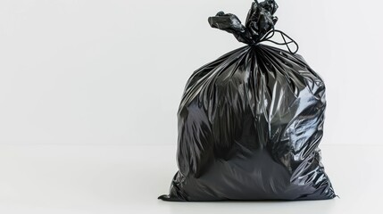  a black trash bag sitting on top of a white table next to a black bag with a black dog on the side of the bag and a black dog on the top of the bag.