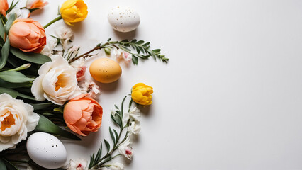 Colourful eggs and spring flowers on white background. Stylish gentle spring template with space for text.  Happy easter composition.