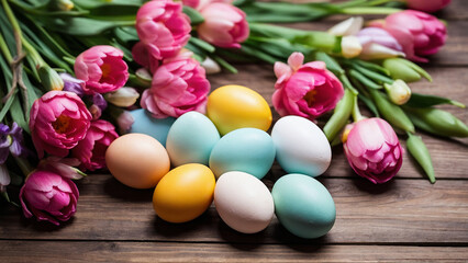 Fototapeta na wymiar Colourful eggs and tulips on wooden background. Easter composition