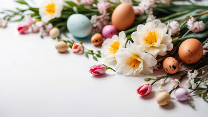 Colourful eggs and spring flowers on white background. Stylish gentle spring template with space for text.  Happy easter composition.