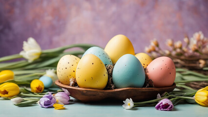 Obraz na płótnie Canvas Colourful eggs and spring flowers on purple background. Space for text. Happy easter composition