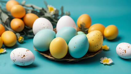 Easter eggs and spring flowers on blue background. Easter composition. Space for text
