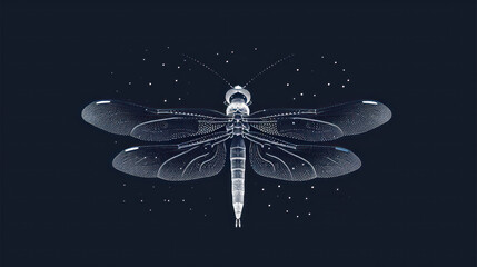 a black and white drawing of a dragonfly on a dark background with stars in the sky and a pen in the center of the dragonfly's wings.