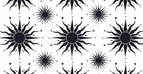 Abstract black sun and dots seamless pattern on a white background. 