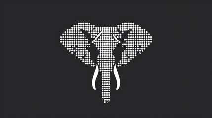  a black and white photo of an elephant's head with dots in the shape of an elephant's trunk and tusks, on a black background.