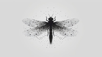  a black and white drawing of a bug with dots on it's wings and a black insect on the back of it's wings, on a light gray background.