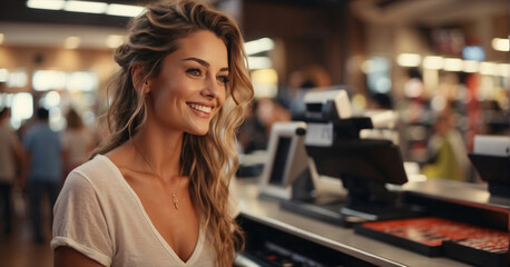 Radiant and elegant woman at checkout, radiating joy as she completes her shopping experience. Portrait of beautiful female customer at the checkout counter. Joyful buyer, woman rejoices from shopping - obrazy, fototapety, plakaty