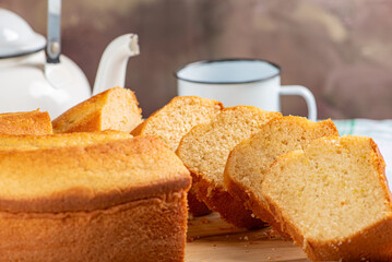 Orange cake, beautiful orange cake and accessories on rustic wood, selective focus.