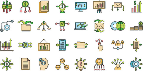 Restructuring refer icons set. Outline set of restructuring refer vector icons thin line color flat on white