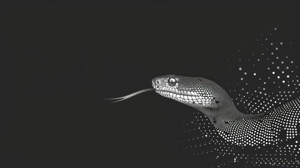  a black and white photo of a snake with dots on it's body and a black background with white dots on it's body and a black background.