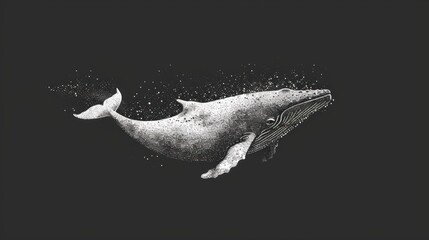  a black and white drawing of a humpback whale with bubbles of water coming out of it's mouth, floating in the air, on a black background. - obrazy, fototapety, plakaty