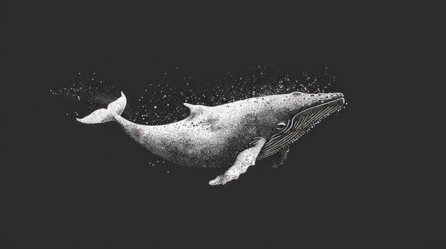  a black and white drawing of a humpback whale with bubbles of water coming out of it's mouth, floating in the air, on a black background.