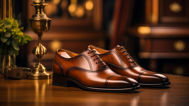 Klasyczne eleganckie buty męskie na tle wnętrza