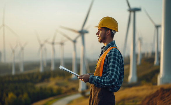 Wind energy engineer Industrial workers tablet sunset, teamwork in wind sector growth, teamwork in energy efficiency, teamwork in environmental sustainability, concept Wind energy green power