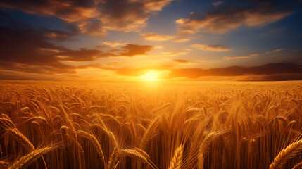 Złote pole pszenicy o zachodzie słońca - obrazy, fototapety, plakaty