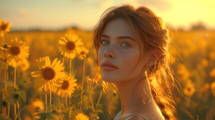  a woman standing in a field of sunflowers with the sun shining down on her face and her hair in a bun in the middle of the foreground.