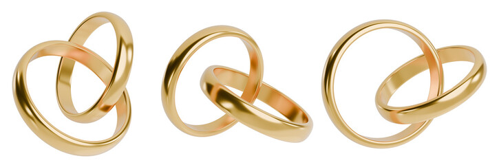 Two connected golden wedding rings. Engagement design elements set. 3D rendering.