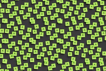 Obraz premium Many green stickers on black board background with cardano symbol drawn on them. Flat layout. 3d render, Illustration
