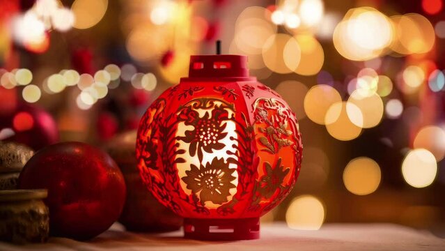 Close-up of a vibrant Chinese New Year lantern decoration, with intricate patterns and glowing red color. The lantern is surrounded by other festive decorations, creating a warm and inviting atmospher