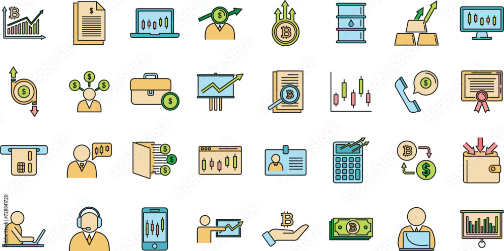 Poster trader icons set. outline set of trader vector icons thin line color flat on white