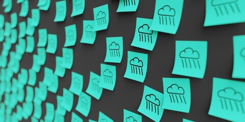 Many teal stickers on black board background with rain symbol drawn on them. Closeup view with narrow depth of field and selective focus. 3d render, Illustration