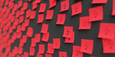 Many red stickers on black board background with electricity symbol drawn on them. Closeup view with narrow depth of field and selective focus. 3d render, Illustration