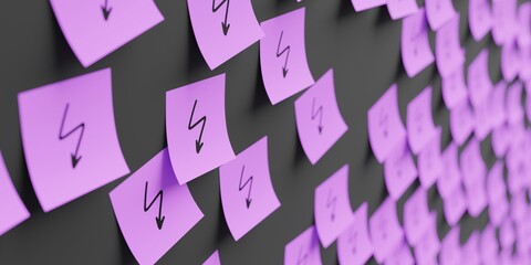 Many violet stickers on black board background with electricity symbol drawn on them. Closeup view with narrow depth of field and selective focus. 3d render, Illustration