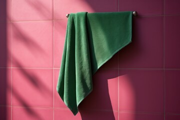 Green Towel on Pink Tile Wall