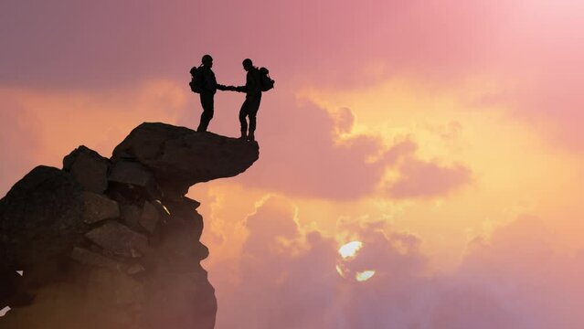 A hiker climber helps a friend not to fall from the cliff to reach the mountain top render 3d