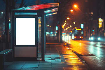 Bus stop on city street at night with billboard for mockup