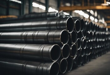 A stack of steel pipes in a warehouse or factory with a blurry background - obrazy, fototapety, plakaty