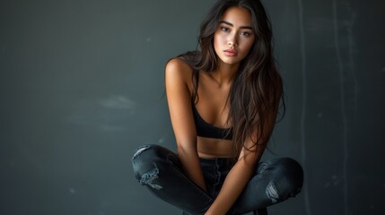 Fototapeta premium A beautiful young woman sitting on top of a stool