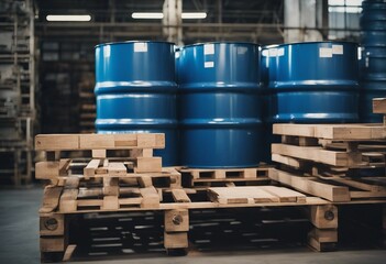 Blue barrel drum on the pallets contain liquid chemical in warehouse prepare for delivery to custome - obrazy, fototapety, plakaty