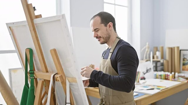 Focused bald man with a beard painting on canvas in a bright art studio.