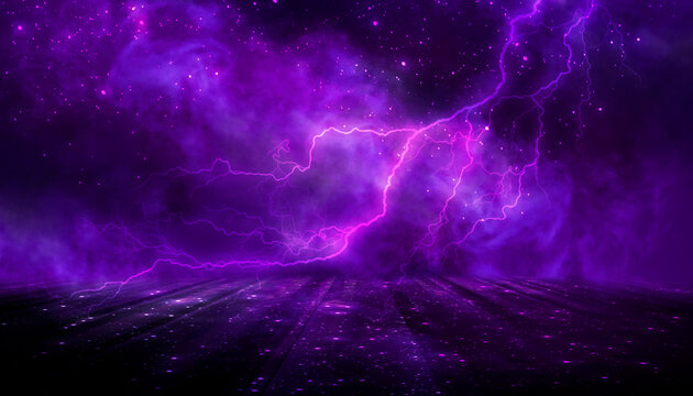Abstract empty dark stage with purple smoke, lightning, neon, sparkles.