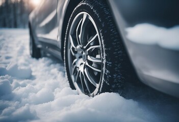 Closeup of car tires in winter on the road covered with snow