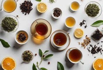 Creative layout made of cup of tea green tea black tea fruit and herbal tea on white background Flat - Powered by Adobe